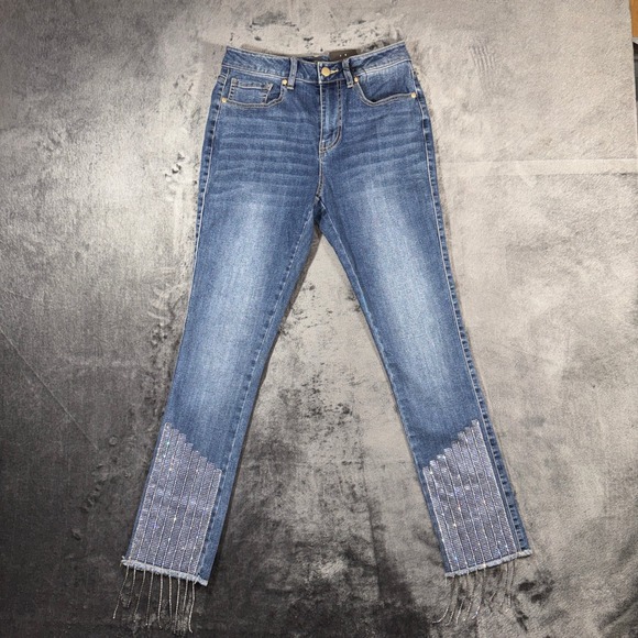 Versona Denim - Versona Modern Skinny Jeans Medium Wash Rhinestone Fringe Hem Size 2 NWT